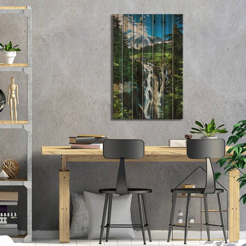 USA, Washington State, Mount Rainier National Park, Mount Rainier, waterfall Print On Wood by George Theodore - Multi-Color