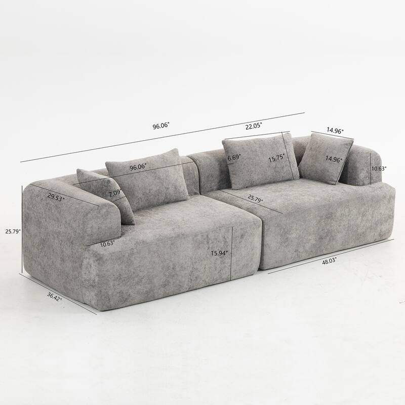 96" Full-Foam Modular Boucle Sectional Sofa, 2-Piece Low-Profile Couch with Rounded Arms