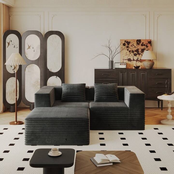 77.17" Sectional Couches for Living Room, Boneless L Shaped Cloud Couch with Ottoman, Modern Corduroy Deep Seat Floor Sofa