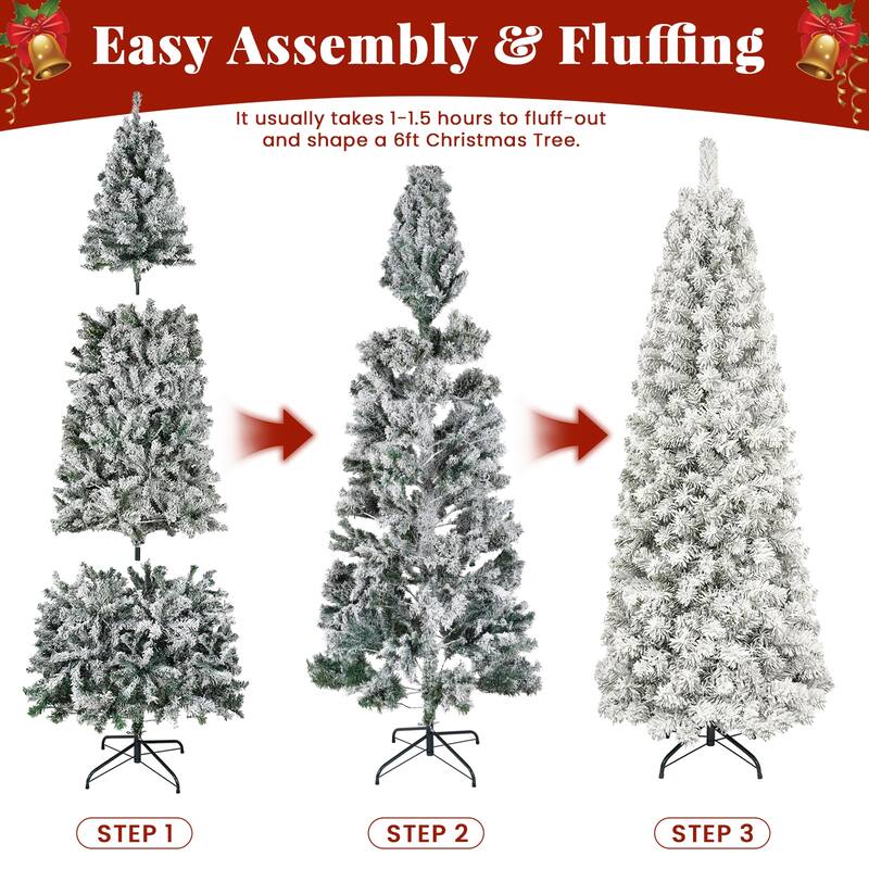 6FT & 7.5FT Pre-Lit Snow-Flocked Artificial Christmas Tree with Warm White Lights