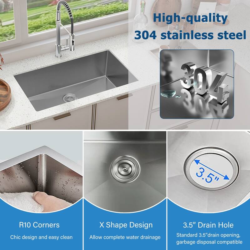 Sinber Undermount Single Bowl 304 Stainless Steel Kitchen Sink