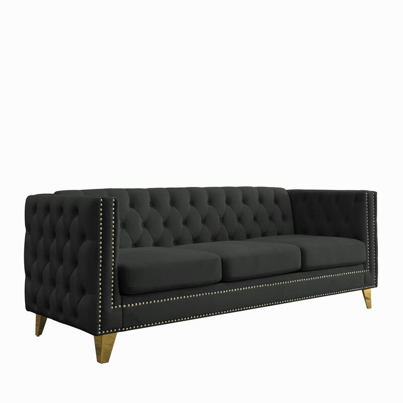 Classic Chesterfield Velvet Sofa Set, 2-Piece Button-Tufted 3-Seater Couch with Nailhead Trim and Metal Legs
