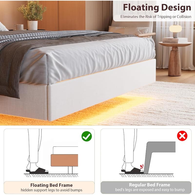 Floating Upholstered Bed Frame with LED Lights, USB Charging Station, Solid Slats, Easy Assembly