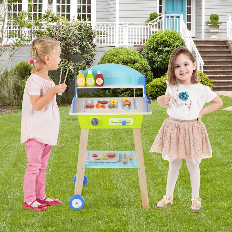 Kid's Pretend Barbecue Grill Play Toy BBQ Grill Set w/ Smooth Wheels
