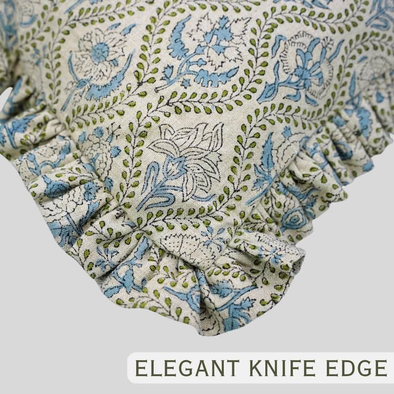 Fabdivine Handmade Block Print Floral Frill Both Side Soft Boho Pure Linen Pillow Cover