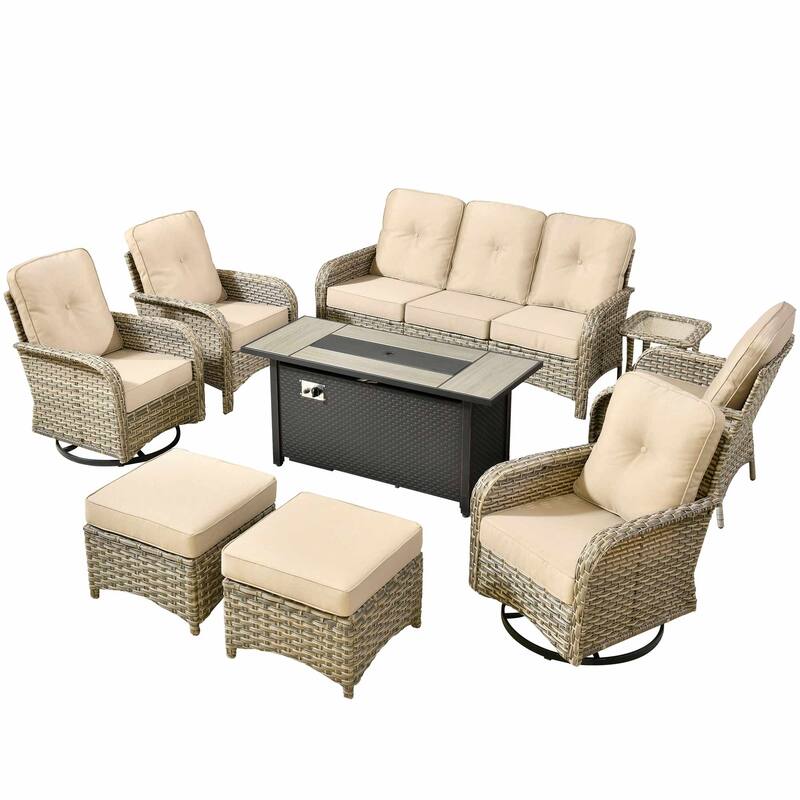 HOOOWOOO 9-piece Outdoor Wicker Patio Furniture Swivel Rocking Chair Set with Fire Pit