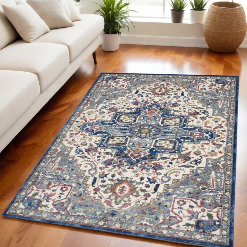 Hosu Power Loomed Distressed Floral Non Skid Area Rug By HomeRoots - 118' X '94' X '0.5 - 118' X '94' X '0.5 - Oxford Blue - Rectangle