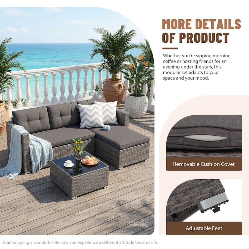 L-Shaped Outdoor Sectional Sofa, PE Wicker Patio Sofa Set with Table and Cushions