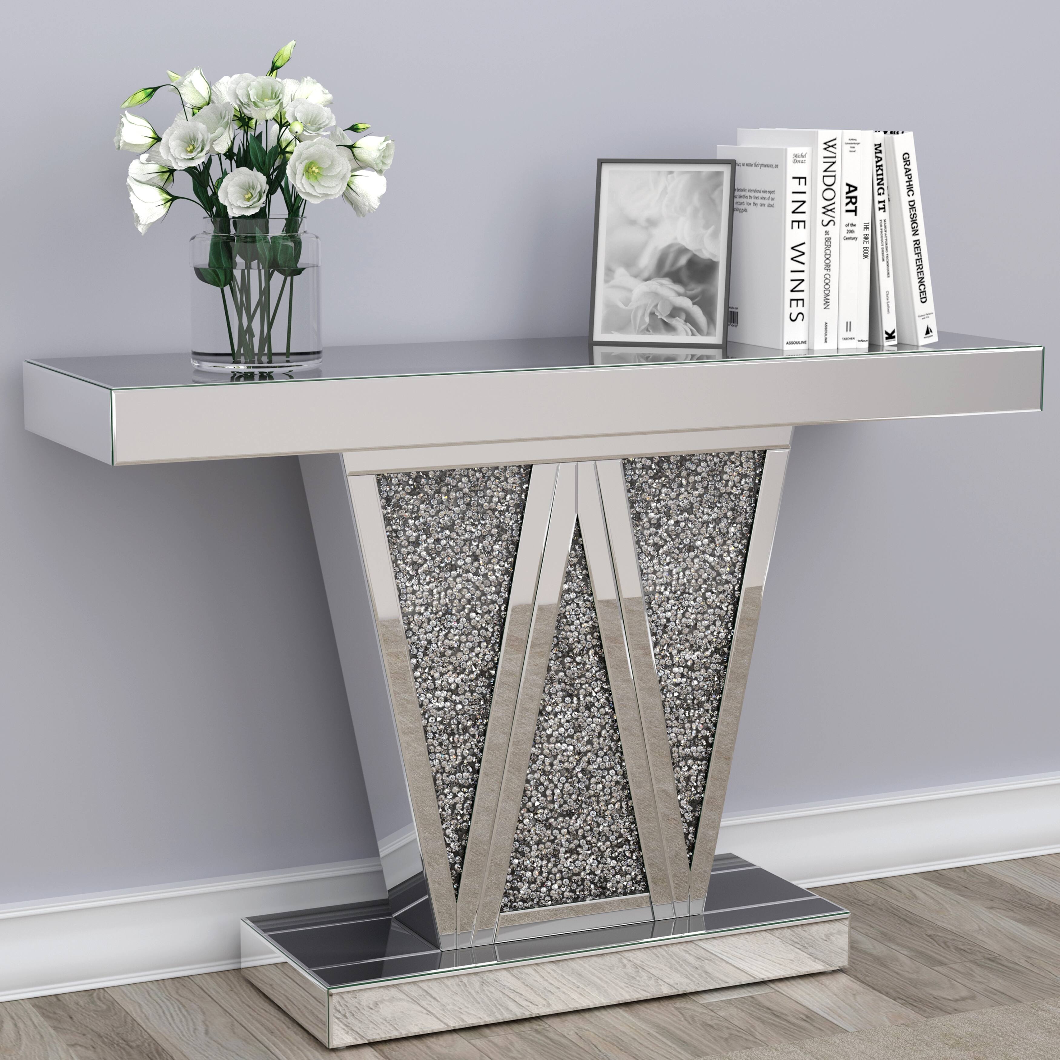 Glamorous Contemporary W Design Mirrored Accent Console Table Bed