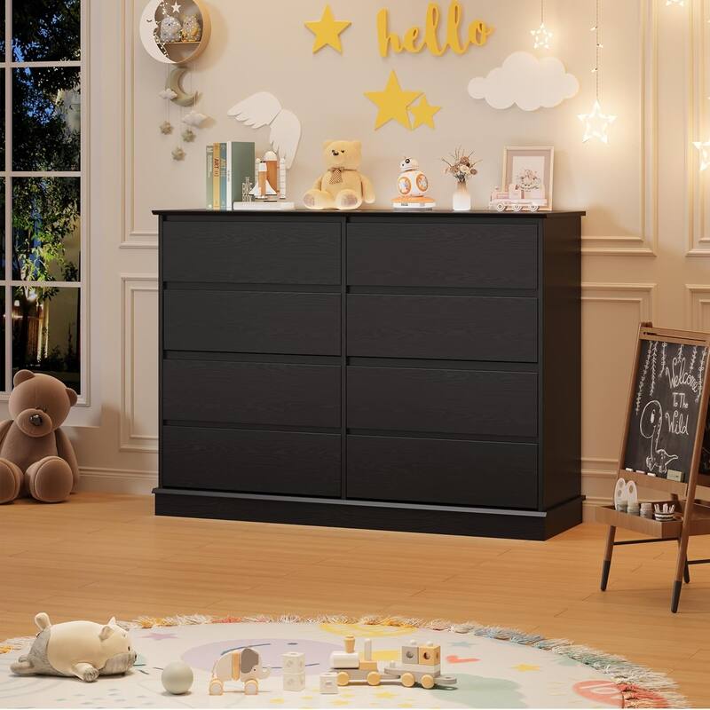 8 Drawer Dresser for Bedroom, Wide Black Chest with Spacious Top, Modern Wooden Organizer for Closet, Living Room