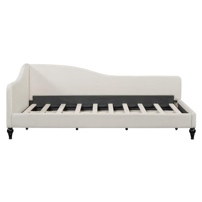 Twin/Full Size Upholstered Daybed, Linen Fabric Sofa Bed with Solid Wood Legs and L Shaped Backrest, Solid Wood Bedframe