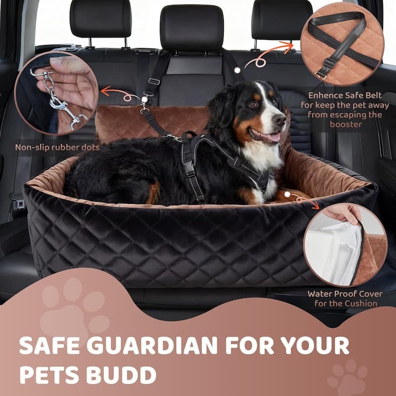 Portable Dog Car Seat Traval Bed for Small, Medium Dog with Thick Cushion, Triple Belts