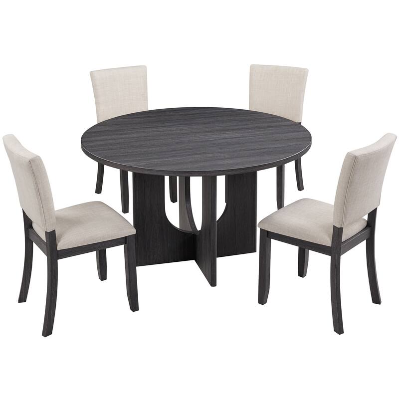 47.3" Round Dining Set with 4 Upholstered Dining Chairs, Modern Round Dining Table Set for 4, 5-Piece Round Dining Table Set