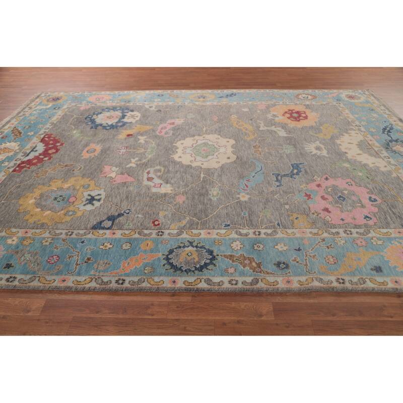 Gray Floral Oushak Area Rug Hand-Knotted Wool Carpet - 8'8"x 11'10"