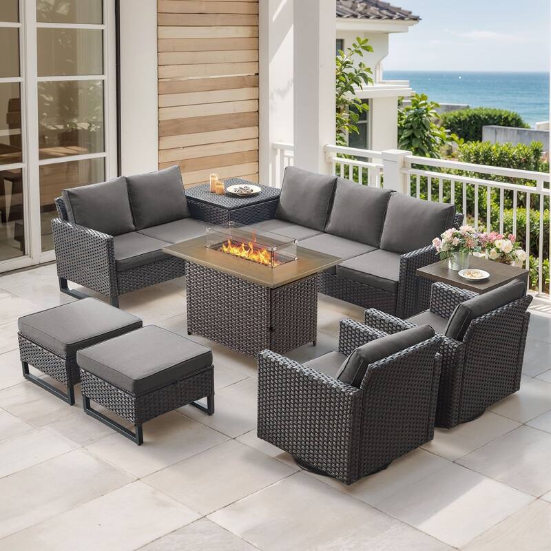 Gymojoy 9 Piece All-Weather Wicker Outdoor Patio Family Conversation Set Group With Fire Pit Table