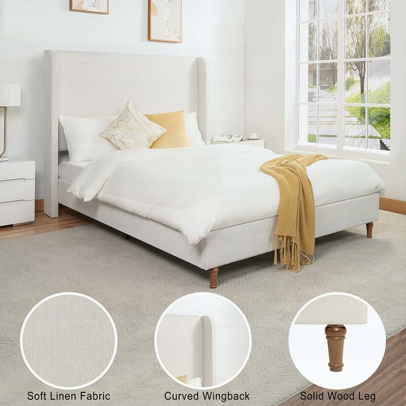 Retro Simple Style High Headboard Upholstered Platform Bed,Premium Chenille