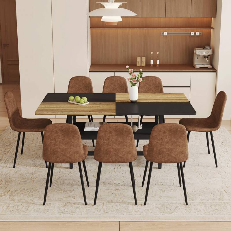 9-Piece Spliced Dining Table Set with Storage Shelf, Kitchen Table Set with Fabric Chairs for Dining Room - Black,Brown,Wood