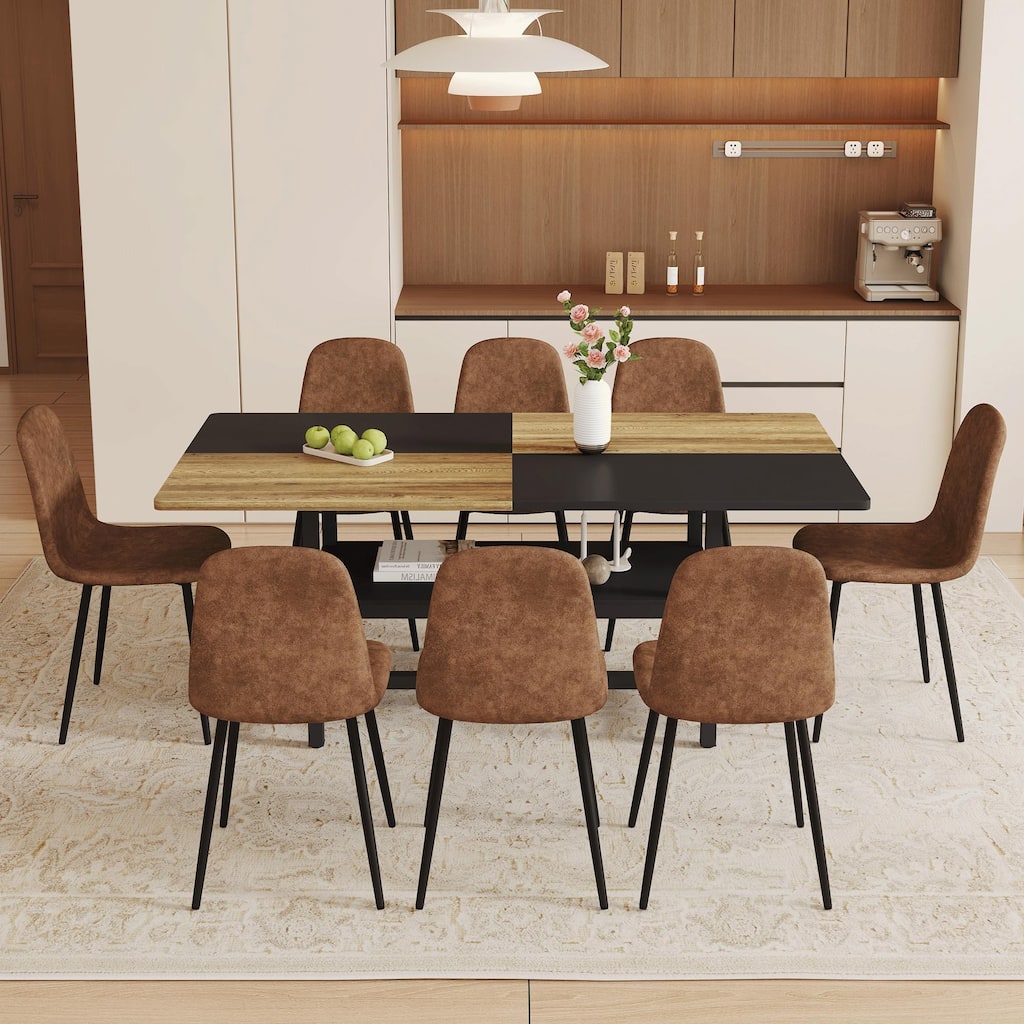 9-Piece Spliced Dining Table Set with Storage Shelf, Kitchen Table Set with Fabric Chairs for Dining Room