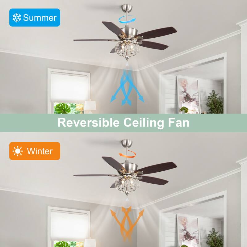 52" Sand Nickel Ceiling Fan with Crystal Shade