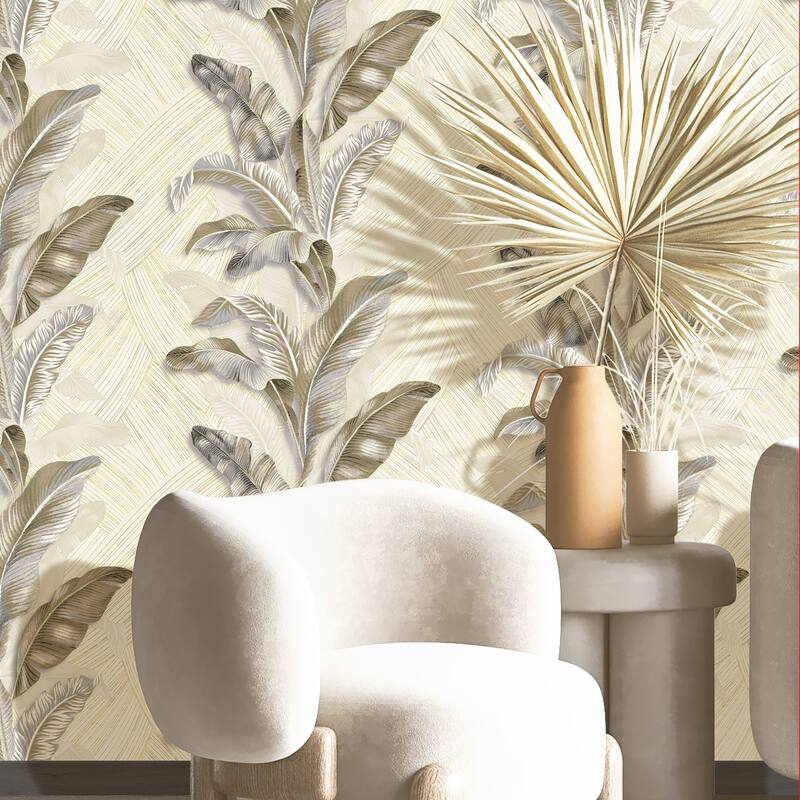 Galerie Wallcoverings Stratum Collection Palma Leaf Vinyl on Non-woven Metallic Wallpaper Roll Double Width
