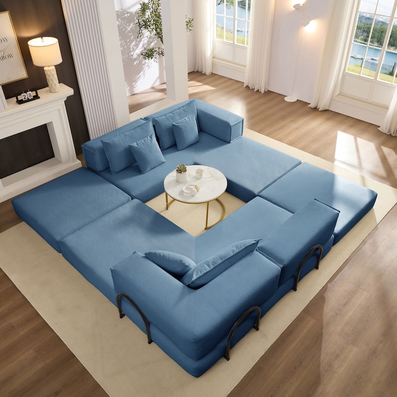 DIY Modular Corduroy L-Shaped Floor Sofa Set with 6 Pillows