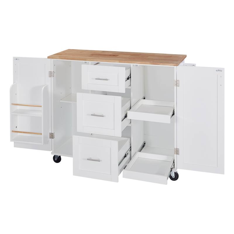 50" Rolling Kitchen Cart with Rubberwood Top, Internal Storage Racks, 5 Drawers & 2 Slide-Out Shelves for Kitchen Organization