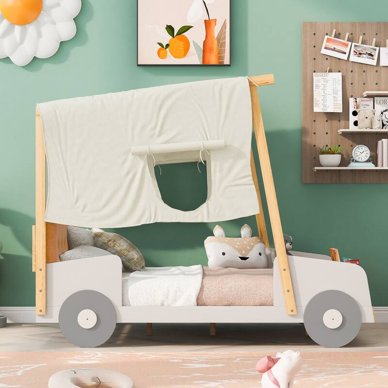 Wood Twin/Full Size Car Bed with Pillow, Ceiling Cloth - Full