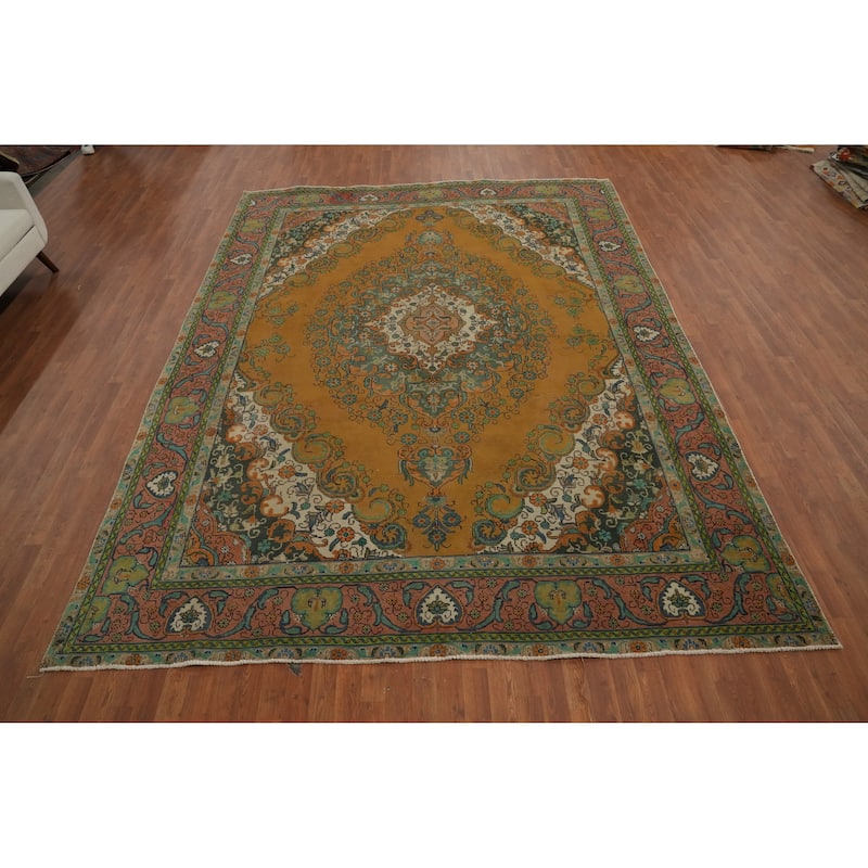 Hand Knotted Oriental 100% Wool Carpet Traditional Floral Oranges & Rust Tabriz Area Rug - 12' 3'' X 9' 3''