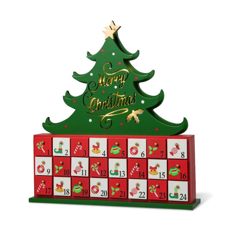 Glitzhome 15.25"H Lighted Wooden Christmas Tree Advent Calendar Decor - Multicolor