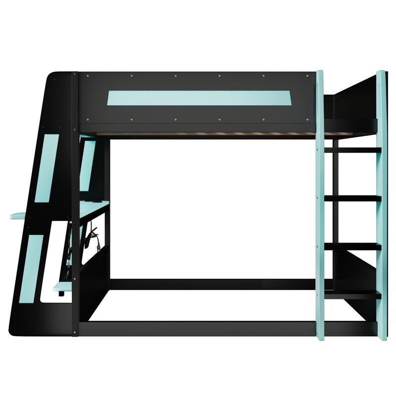 Gaming Bunk Bed with Computer Desk, Storage Shelves, USB Port and LED Strip Lighting, Esports Design, Wooden Gaming Bed