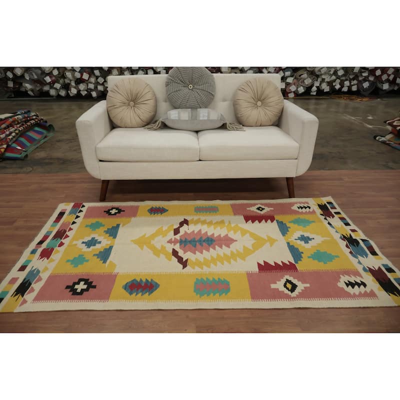 Hand Woven Oriental 100% Wool Carpet Southwestern Tribal Multi-Colored Kilim Area Rug - 6' 8'' X 3' 7''