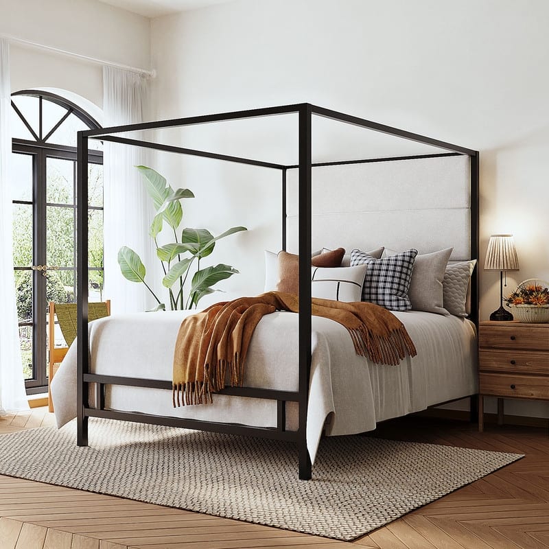 Metal Canopy Bed with Upholstered Wingback Headboard, Modern Platform 4-poster Bed Frame, Box Spring Needed