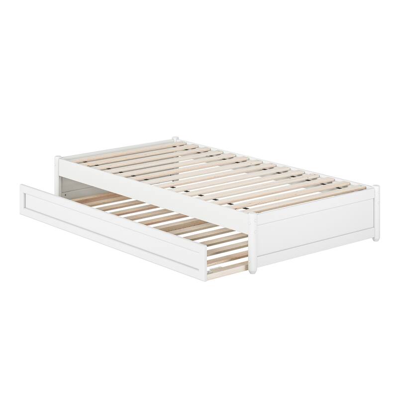 Asian Twin Panel Bed with Trundle - White Platform Bed Frame - Space Saving Design - Hardwood Frame