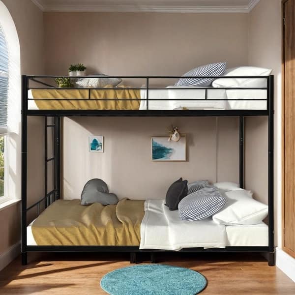 slide 2 of 11, Industrial Modern Low-Profile Design Twin over Twin Bunk Bed, Convertible Bed with Ladder, Black Black