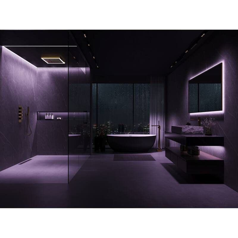 GRANDJOY Thermostatic LED Rain and Waterfall Shower System with Handheld, Built-In Music Function