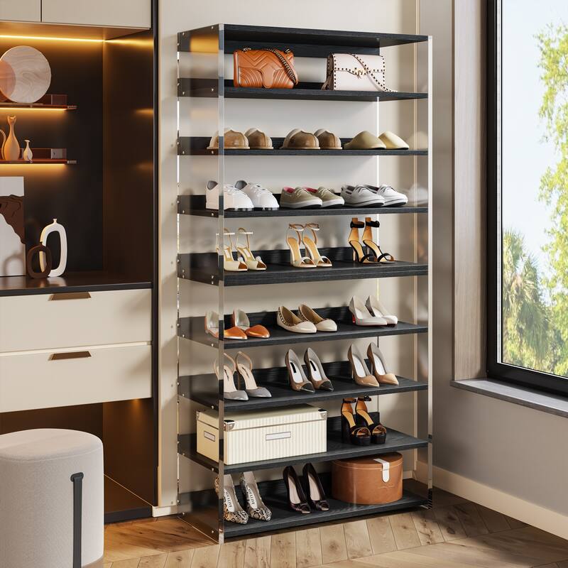 8-Tier Acrylic Shoe Rack, Modern Shoe Storage with Wood Shelves
