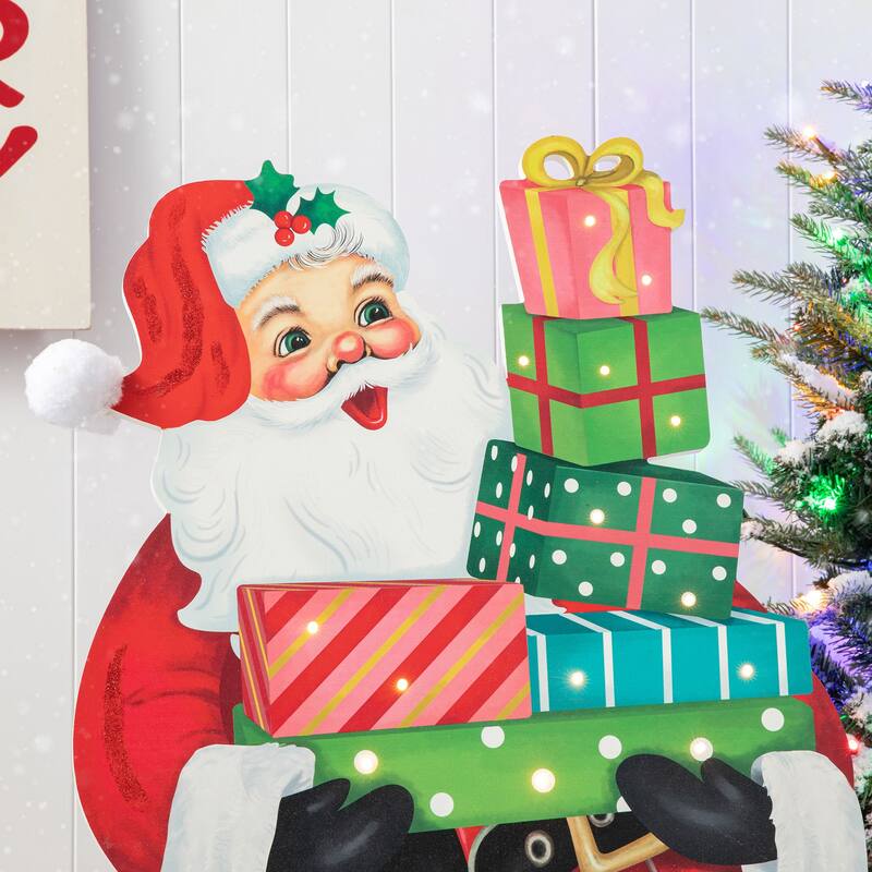 Glitzhome 36"H Lighted Wooden Santa Gifts Porch Decor