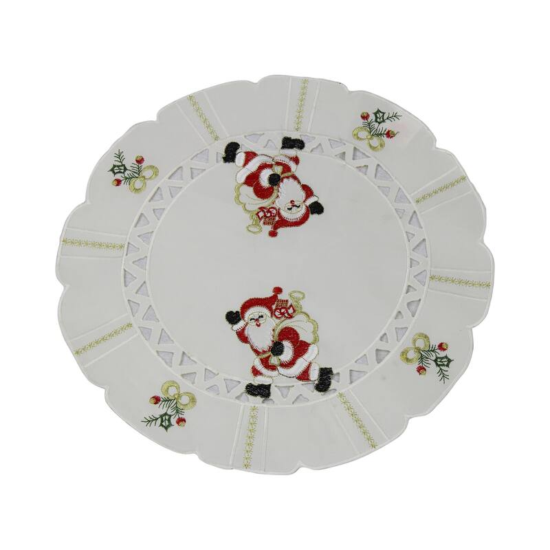 Violet Linen Santa Claus Holly Bows Embroidery Pattern, Polyester Cutwork, Set of 4, Decorative Place Mats