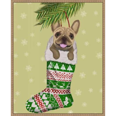 French Bulldog in Christmas Stocking by Fab Funky (23 x 28 in.), Framed Canvas Wall Art Print - Sylvie Beaded Rustic Natural