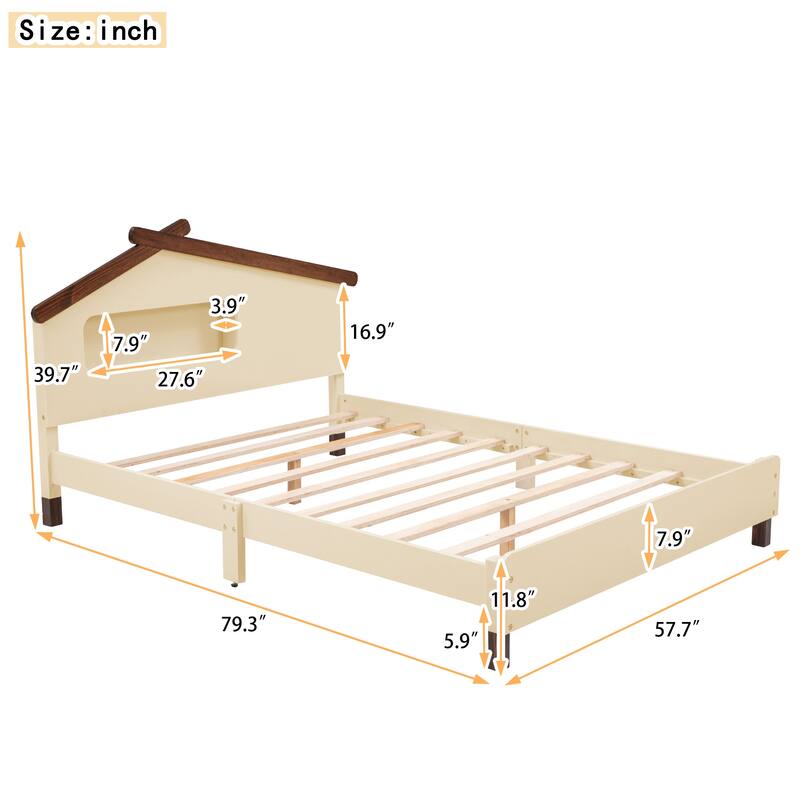 Full Size Wood Platform Bed with House-shaped Headboard and Motion Activated Night Lights