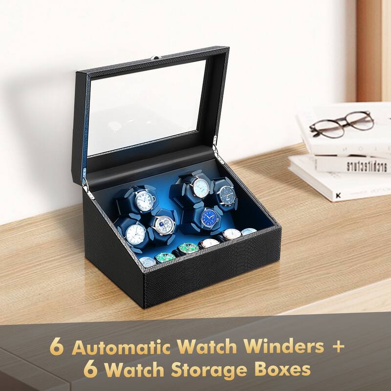 Luxury Watch Winder Box for 6 Watches with LED Lighting, Silent Motor, Memory Foam Cushions