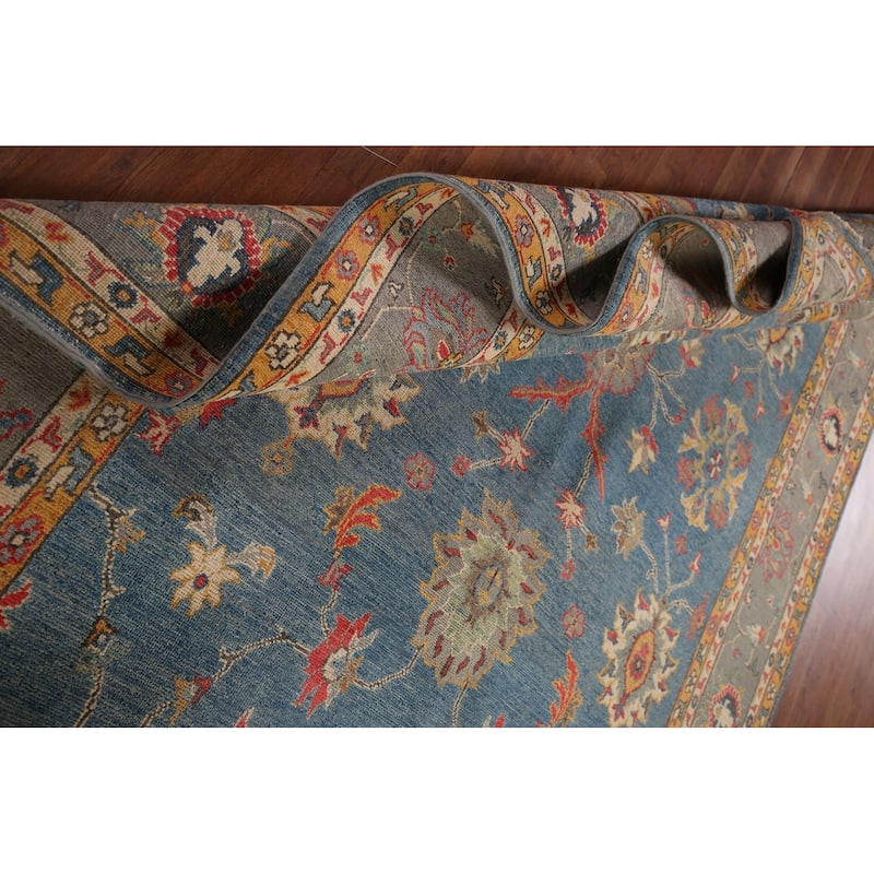 Blue Floral Oushak Oriental Area Rug Handmade Wool Carpet - 6'7" x 10'4"
