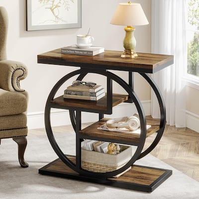 Industrial 4-tier Wood Narrow Side End Table with Storage Shelves
