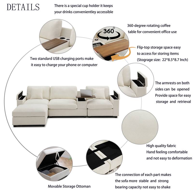 120.3" L-Shaped Sectional Sofa with Wide Seats, USB Charging, Foldable 360掳 Tray, Cup Holders, Storage Ottoman & Armrest