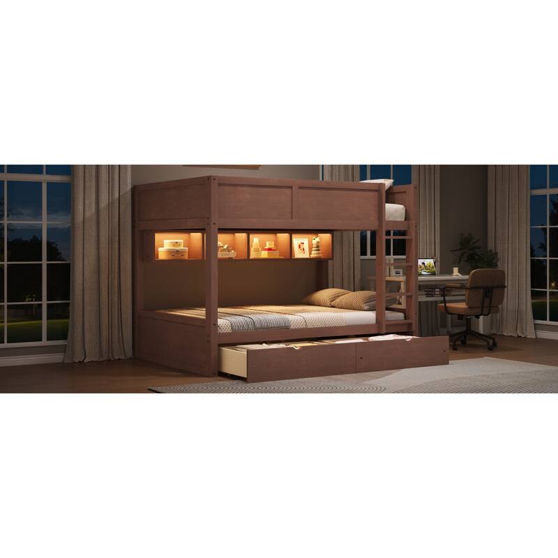 Roomfitters Full XL Over Full XL Bunk Bed with Storage Cabinets, LED Light and Drawers