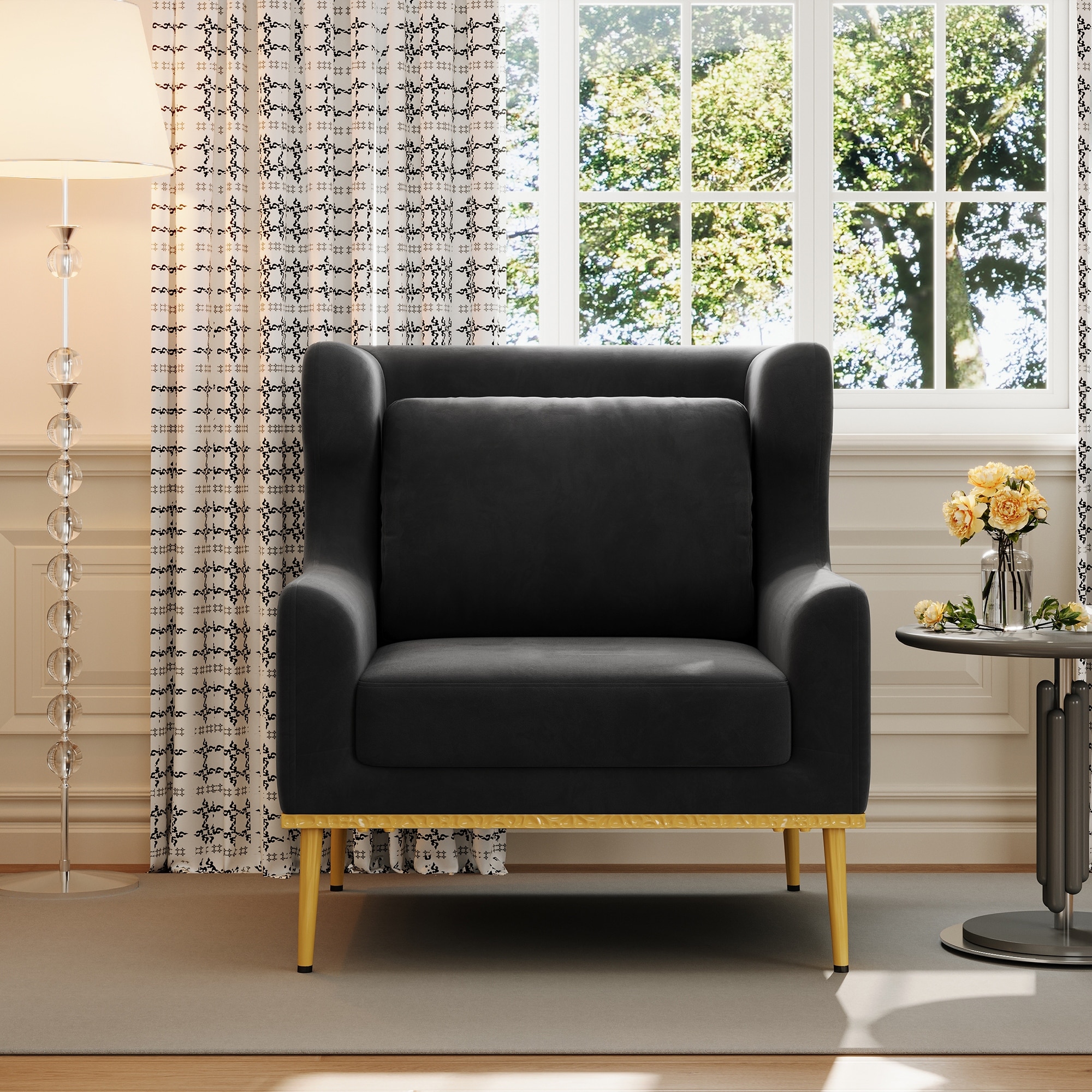 Black Velvet Accent Chair Reading Chair Sofa Chair with Iron Legs, Arm Chair Leisure Chair Padded Chair Vanity Chair