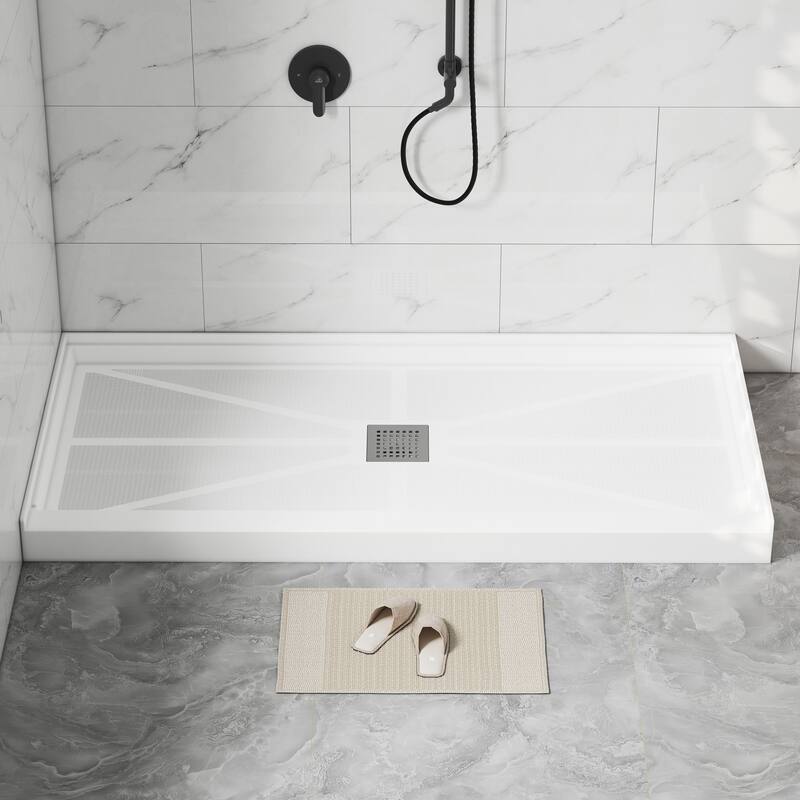 60 in. x 30 in. Elegant White Single Threshold Anti-slip SMC Rectangular Shower Base with Drain and Stainless Steel Drain Cover