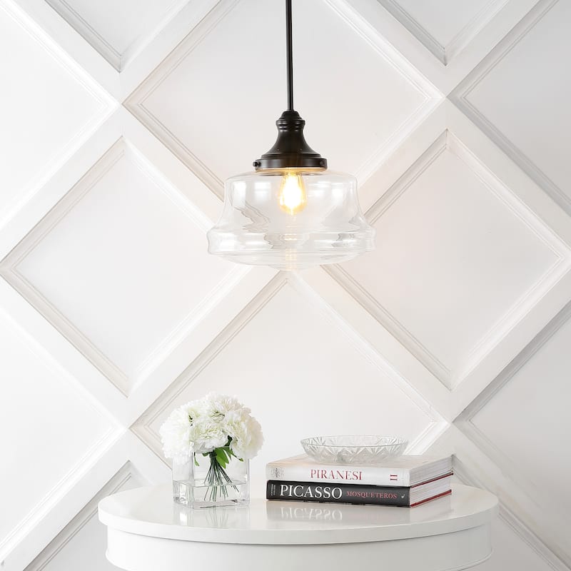 Olivier 14" 1-Light Bohemian Farmhouse Iron/Glass LED Pendant, Oil Rubbed Bronze/Clear by JONATHAN Y