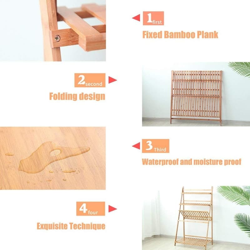 27" Foldable Bamboo Plant Stand 3 Tier Ladder Shelves