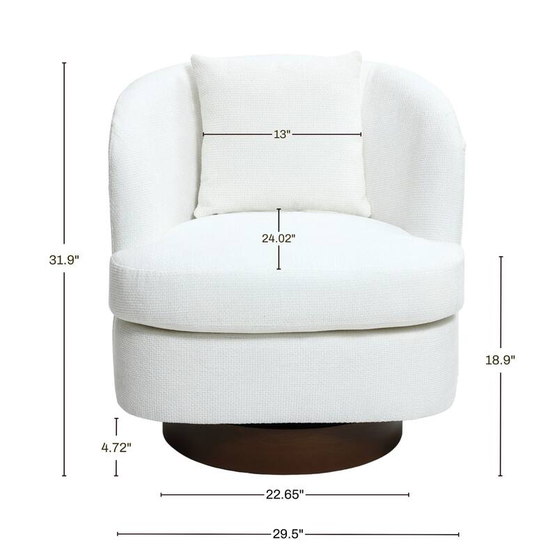 Upholstered White Woven Texture Club Swivel Chair with Dark Brown Base and Pillow